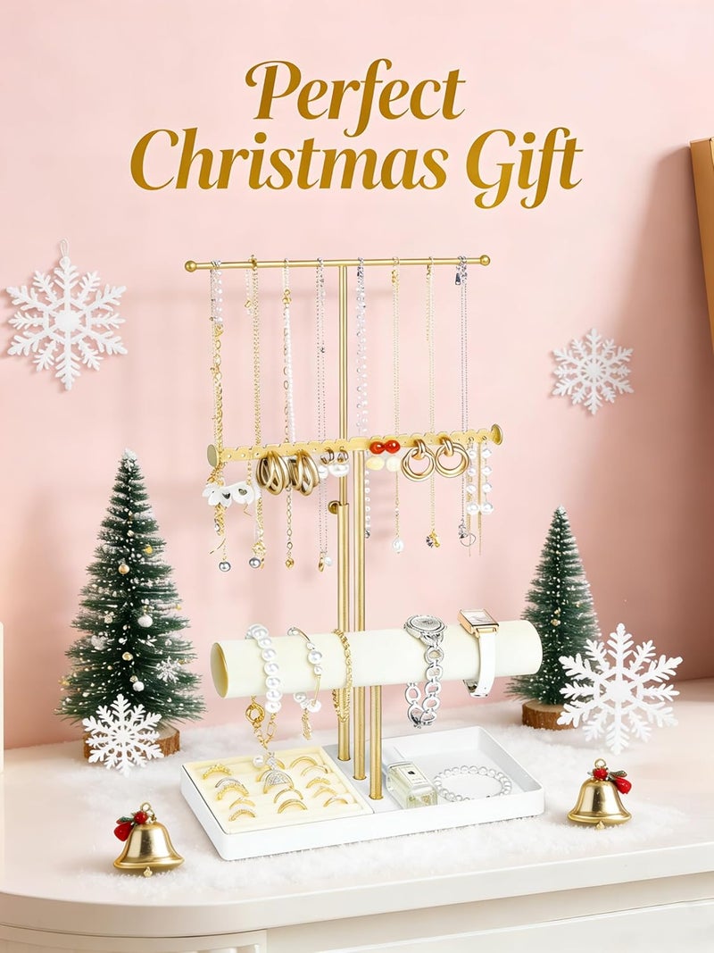Jenseits 3-Tier Jewelry Holder Organizer:17.1" Adjustable Hanger, Velvet Ring Tray, Metal Aesthetic Display Stand for Necklaces, Earrings, Bracelets, Watches, Gold Jewelry Storage Tower Tree for Women - Image 2